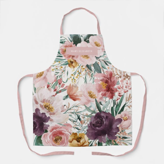 Modern watercolor floral pink girly elegant apron (Front)