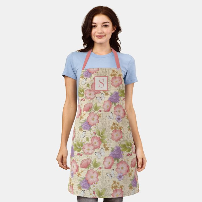 Modern Watercolor Floral Pink Kitchen Apron (Worn)