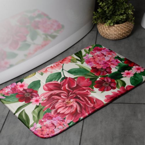 Modern Watercolor floral pink red flowers Bath Mat