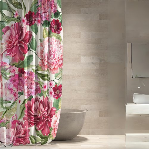 Modern Watercolor floral pink red flowers Shower Curtain