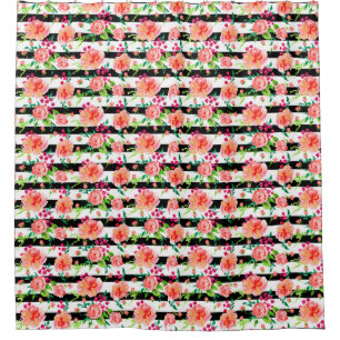 Modern Watercolor Floral Pink Rose Black Stripe Shower Curtain