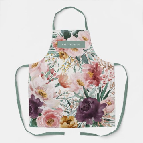 Modern watercolor floral pink  sage green elegant apron
