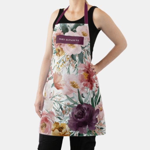 Modern watercolor floral purple elegant apron | Zazzle