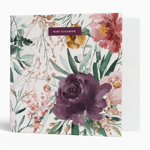 Modern watercolor floral purple elegant apron 3 ring binder