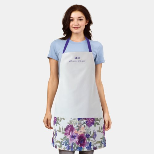 Modern Watercolor Floral Purple Elegant Monogram Apron