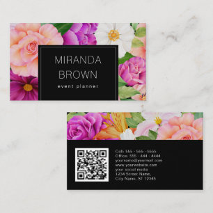 Modern Watercolor Floral Purple Pink Black QR Code Business Card