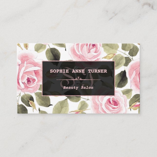 Modern Watercolor Floral Rose Gold Makeup Appointment Card (Front)