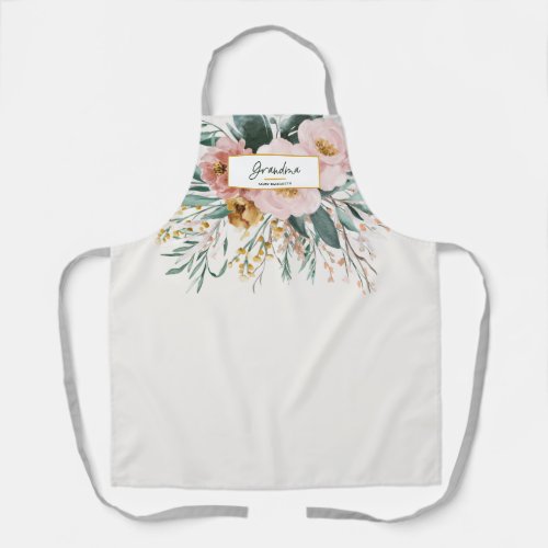 Modern watercolor floral script elegant grandma apron