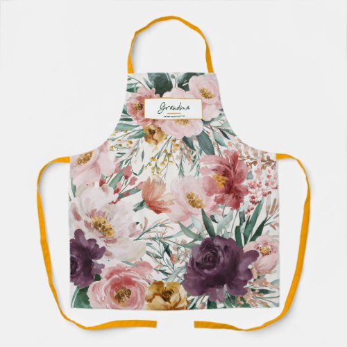 Modern watercolor floral script elegant grandma apron