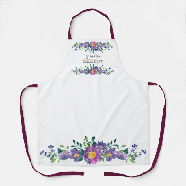 Modern watercolor floral script elegant grandma apron (Front)