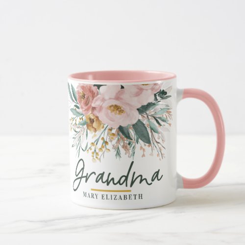 Modern watercolor floral script elegant grandma co mug - Modern watercolor floral script elegant grandma mug pink girly design. On trend floral, foliage beautiful botanical design. Part of a modern collection.