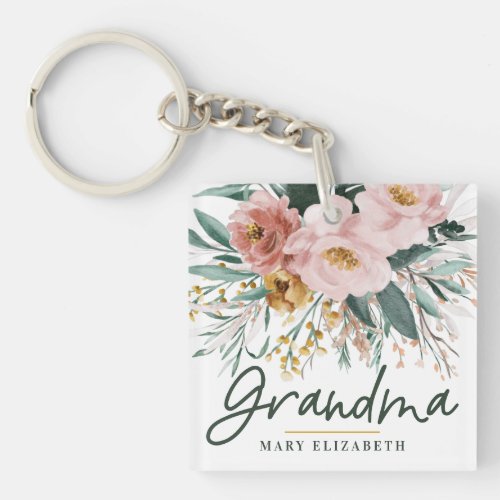 Modern watercolor floral script elegant grandma  keychain - Modern watercolor floral script elegant grandma keychain pink girly design. On trend floral, foliage beautiful botanical design. Part of a modern collection.