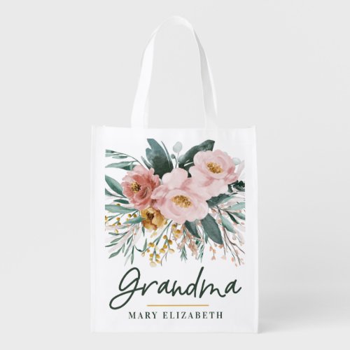 Modern watercolor floral script elegant grandma to grocery bag