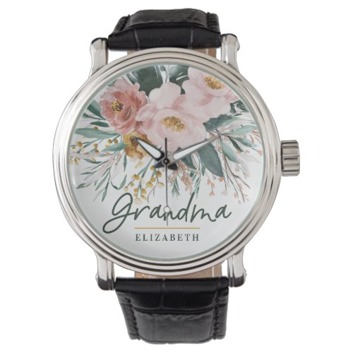Modern watercolor floral script elegant grandma watch - Modern watercolor floral script elegant grandma watch pink girly design. On trend floral, foliage beautiful botanical design. Part of a modern collection.