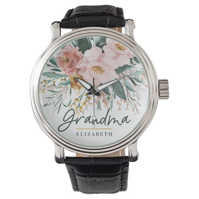 Modern watercolor floral script elegant grandma watch (Front)