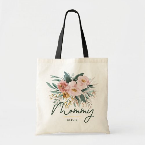 Modern watercolor floral script elegant mommy tote bag