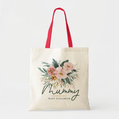 Modern watercolor floral script elegant mummy tote bag