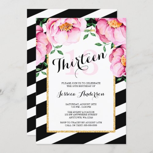 Modern Watercolor Floral Stripes 13th Birthday Invitation