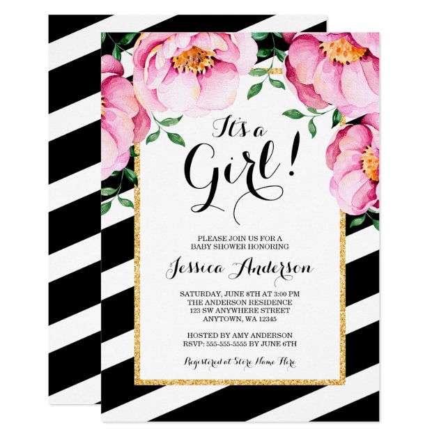 Modern Watercolor Floral Stripes Girl Baby Shower Invitation