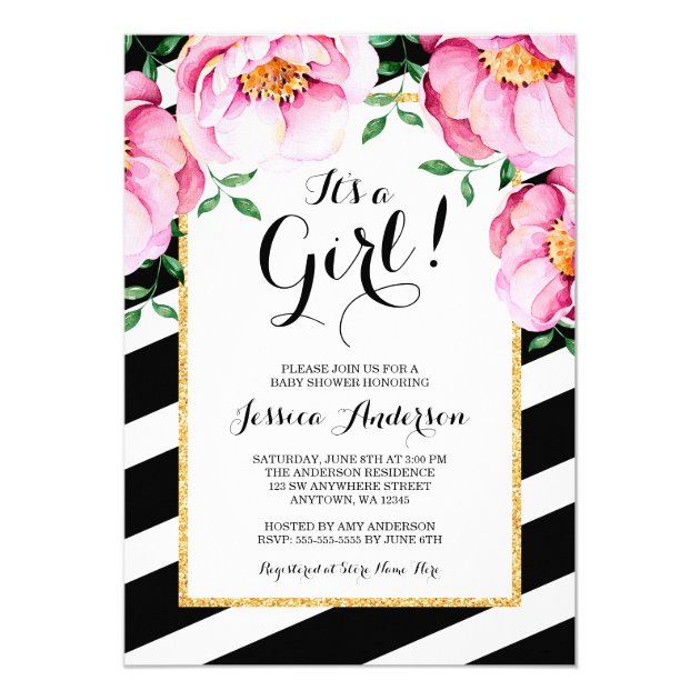 Modern Watercolor Floral Stripes Girl Baby Shower Invitation