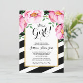 Modern Watercolor Floral Stripes Girl Baby Shower Invitation (Standing Front)