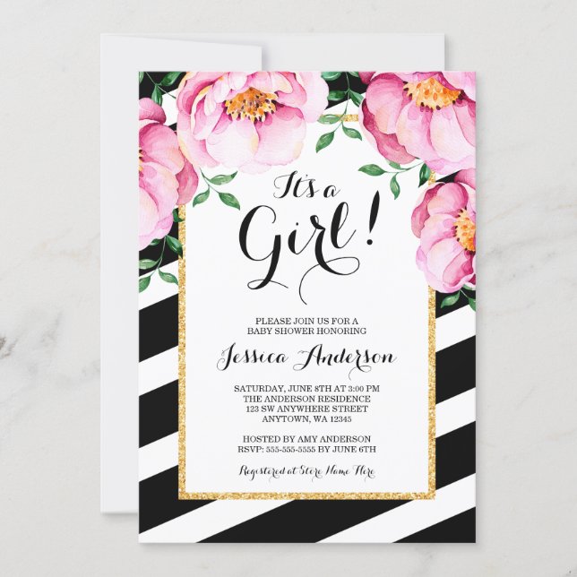 Modern Watercolor Floral Stripes Girl Baby Shower Invitation (Front)
