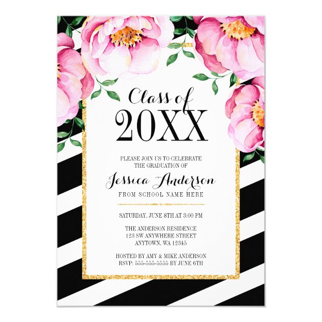 Modern Watercolor Floral Stripes Graduation Party Card