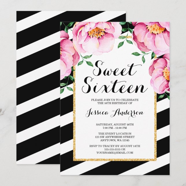 Modern Watercolor Floral Stripes Sweet 16 Invitation (Front/Back)