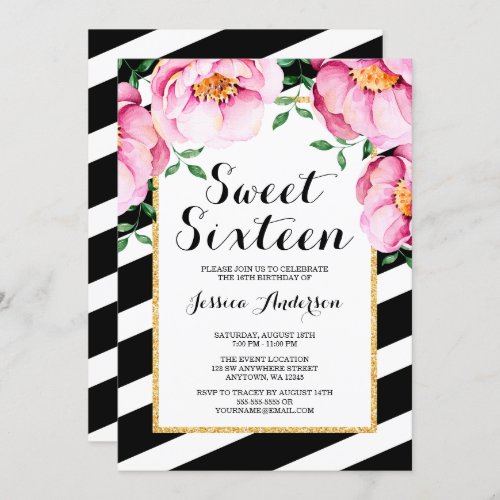 Modern Watercolor Floral Stripes Sweet 16 Invitation