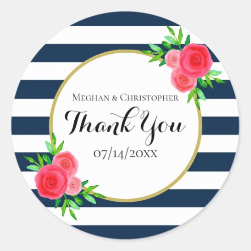 Modern Watercolor Floral Stripes Wedding Thank You Classic Round Sticker