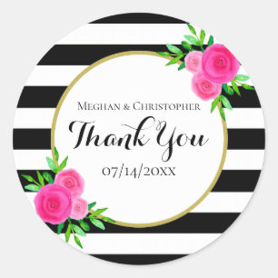 Modern Watercolor Floral Stripes Wedding Thank You Classic Round Sticker