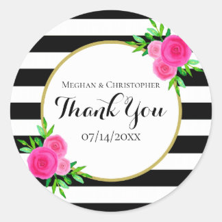 Modern Watercolor Floral Stripes Wedding Thank You Classic Round Sticker