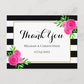 Modern Watercolor Floral Stripes Wedding Thank You Postcard
