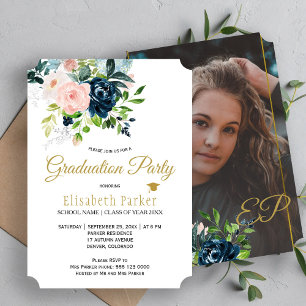 Modern watercolor floral summer PHOTO graduation Invitation