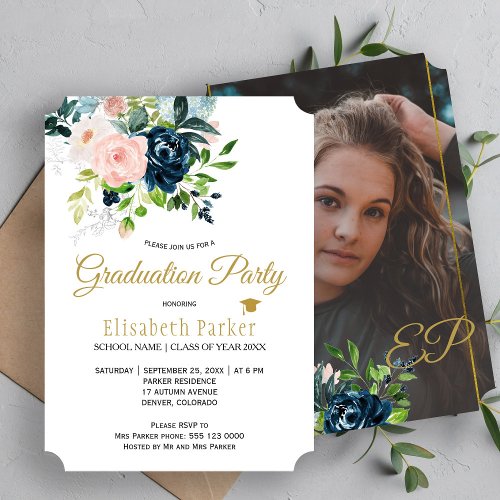 Modern watercolor floral summer PHOTO graduation Invitation