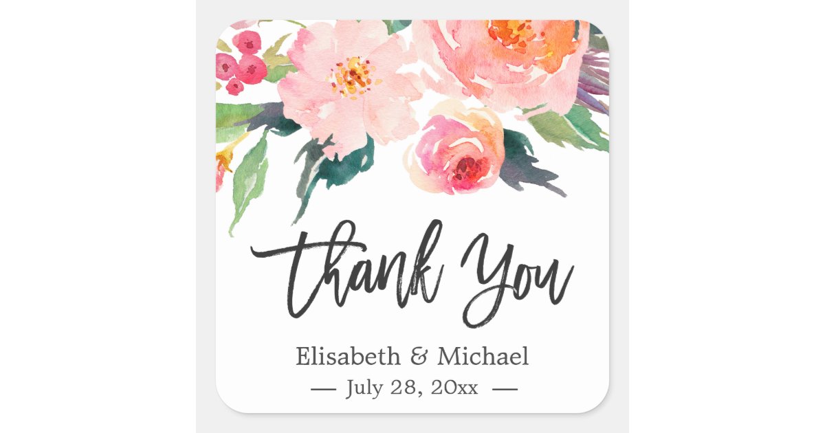 Modern Watercolor Floral Thank You Wedding Favor Square