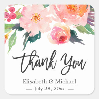 Modern Watercolor Floral Thank You Wedding Favor Square Sticker