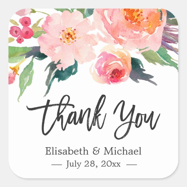 Modern Watercolor Floral Thank You Wedding Favor Square Sticker