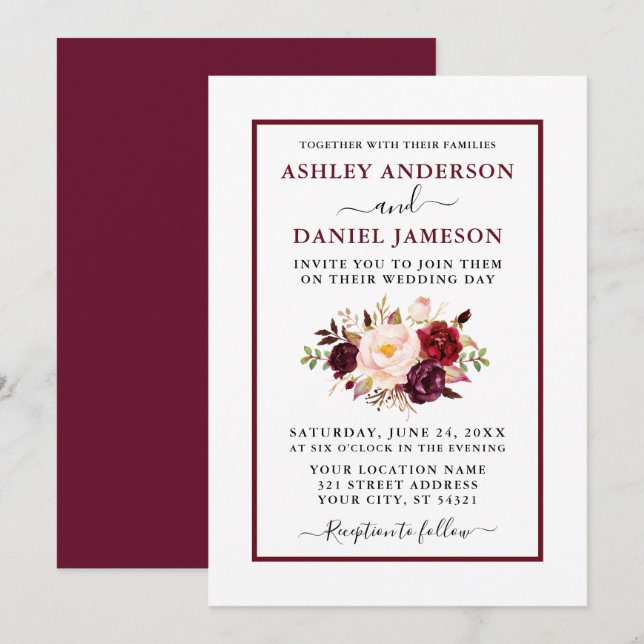 Modern Watercolor Floral Wedding Burgundy Invitation (Front/Back)