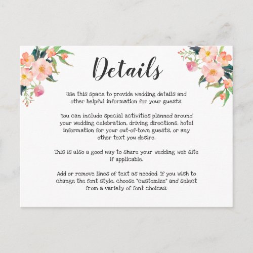 Modern Watercolor Floral Wedding Details Postcard