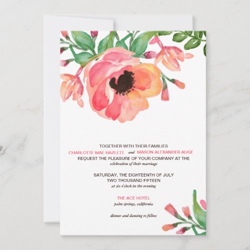 MODERN WATERCOLOR FLORAL wedding invitation 5" X 7" Invitation Card