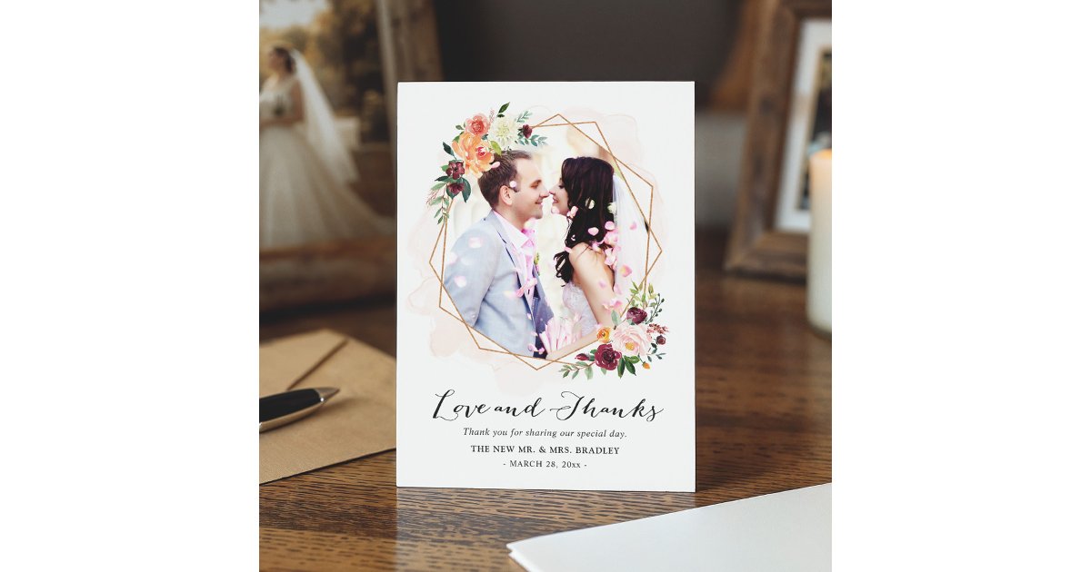 Modern Watercolor Floral Wedding Photo Thank You Card | Zazzle