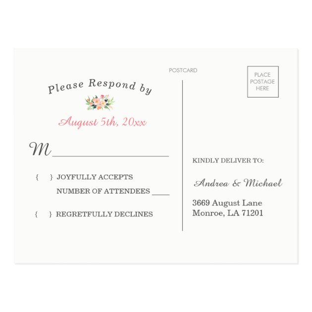 Modern Watercolor Floral Wedding RSVP Postcard