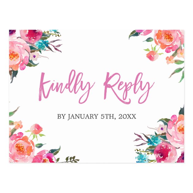 Modern Watercolor Floral Wedding RSVP Reply Postcard