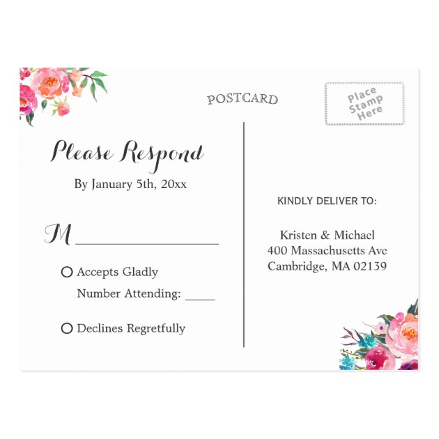 Modern Watercolor Floral Wedding RSVP Reply Postcard