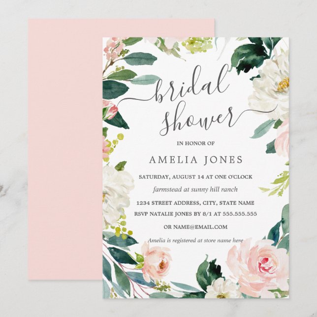 Modern Watercolor Floral Wreath Bridal Shower Invitation (Front/Back)