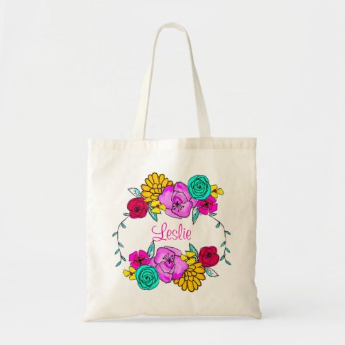 Modern Watercolor Floral Wreath Colorful Flowers Tote Bag