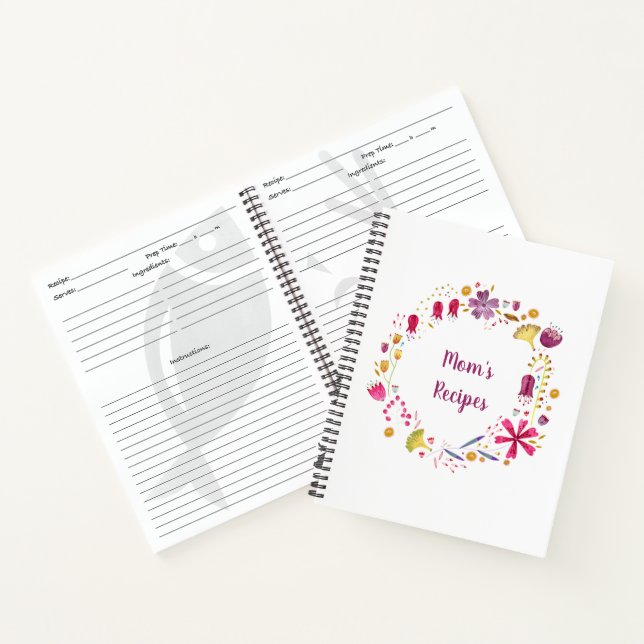 Modern Watercolor Floral Wreath Custom Text Recipe Notebook (Inside)