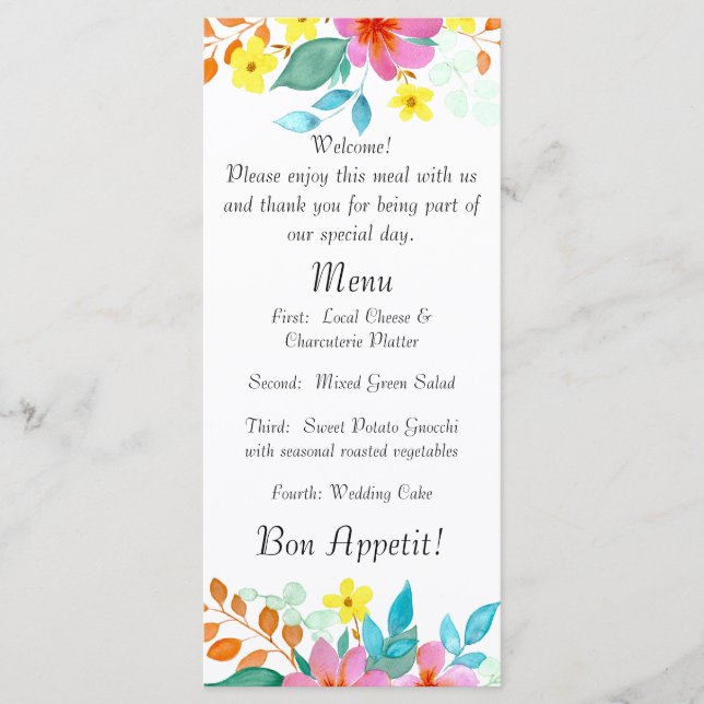 Modern Watercolor Florals in Bright Colors Menu (Front)
