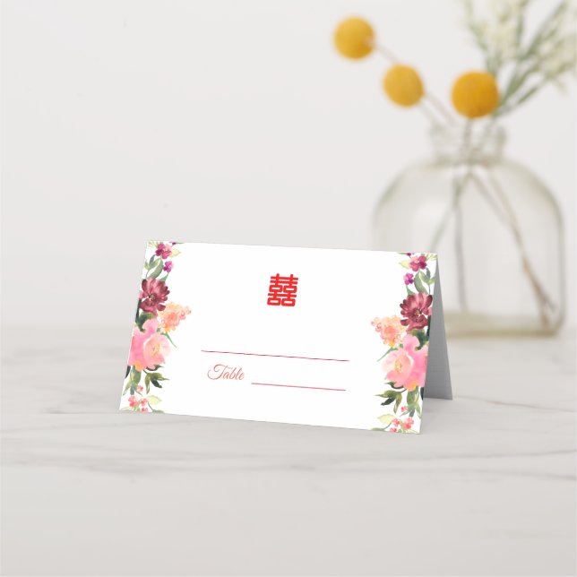 Modern watercolor flower Chinese wedding Place Card (Front)